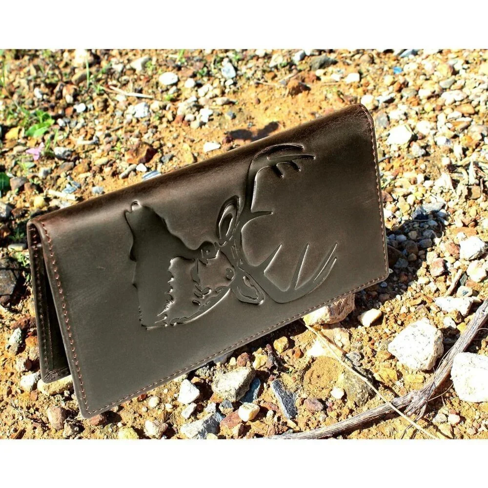 🆕Men Black Long Wallet Grain Leather Rfid Blocking Bifold Deer Wallet, Coffee